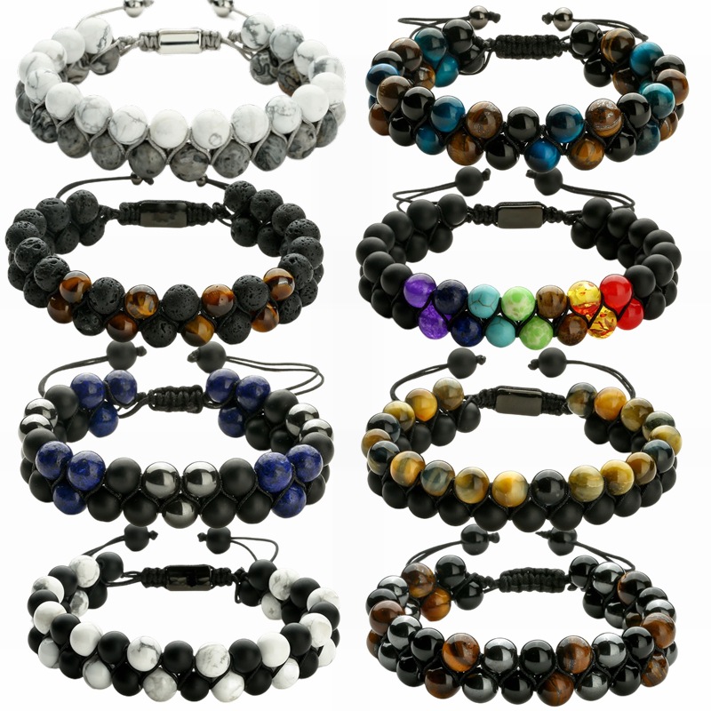 Venta caliente transfronteriza europea y americana natural Ojo de Tigre ágata pulsera hombres tejido ajustable negro imán yoga pulsera de cuentas