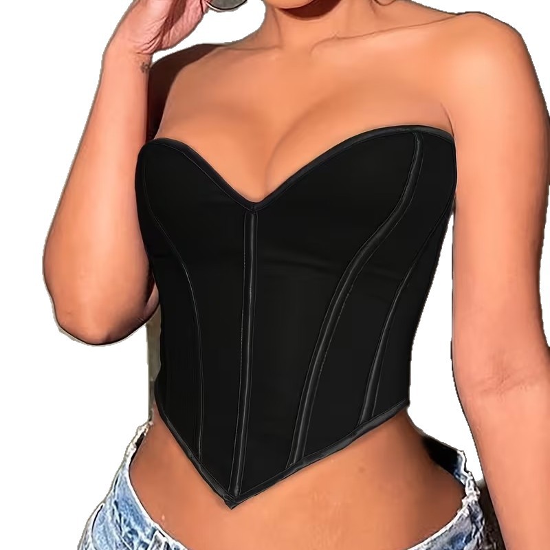 Negro esmaltado estampado de pecho vestido de cuerpo abrazadera ombligo descubierto espalda europea y americana hueso de pescado envuelto pecho chaleco pequeño