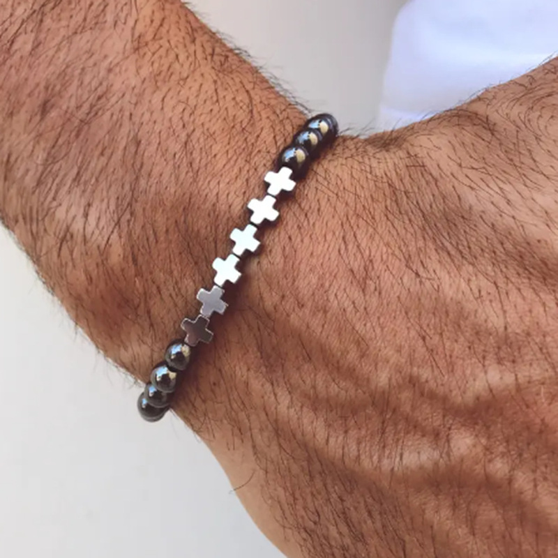Cross-Border New Product European and American Retro Cross 6mm Bead Charm Men's Bracelet Fashionable Beaded Jewelry Accessories