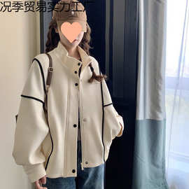 春秋小个子立领棒球服卫衣女2026爆款宽松开衫明线装饰含绒短外套