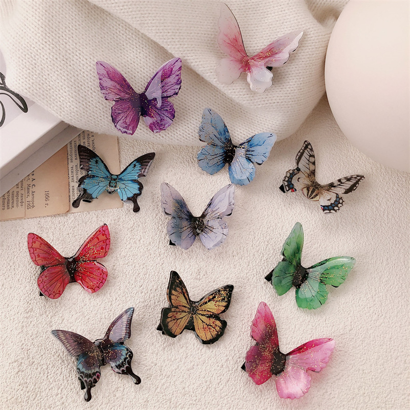 Super Fairy Retro Simulación Púrpura Azul Mariposa Clip Exquisito Flash Fino Clip de flequillo Horquilla Clip lateral Clip de pico de pato Accesorios para el cabello de todo fósforo