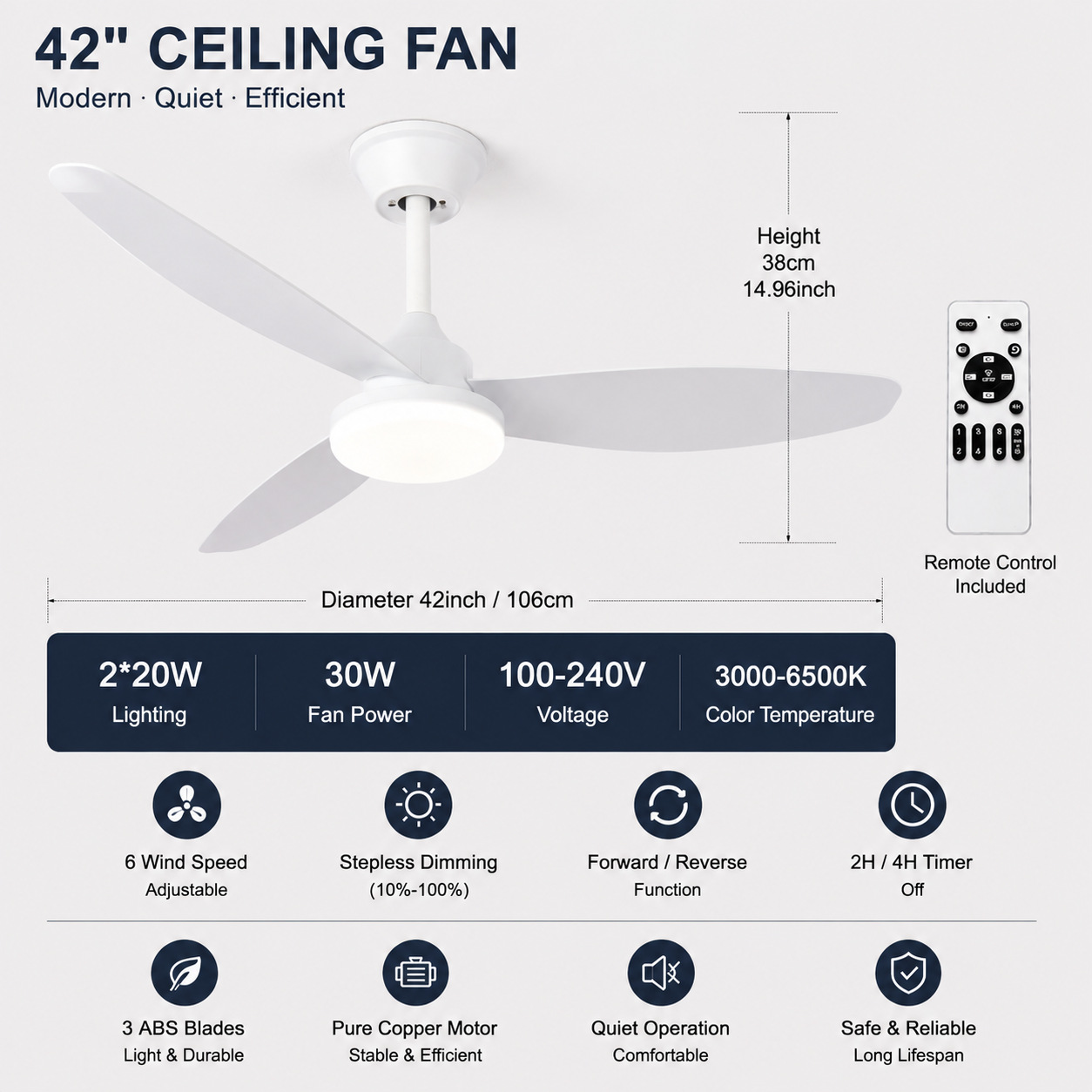 Ventilador de Techo Retro con Luz de Acrílico y ABS con Control Remoto para Sala de Estar y Comedor