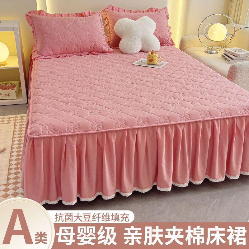 New Washed Cotton Bed Skirt Cover Single Piece Brushed Quilted Bed Cover Bed Sheet Three-Piece Set Dustproof Protective Cover Bed Sheets Anti-Slip