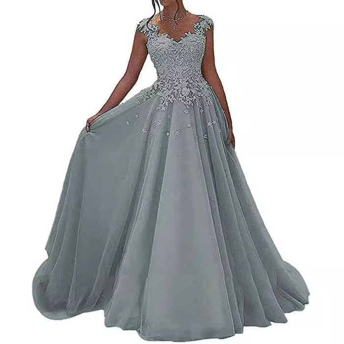 Nuevo vestido de noche con tirantes transfronterizo, gasa de encaje, fiesta de cumpleaños, vestido largo con temperamento, vestido de compromiso nupcial