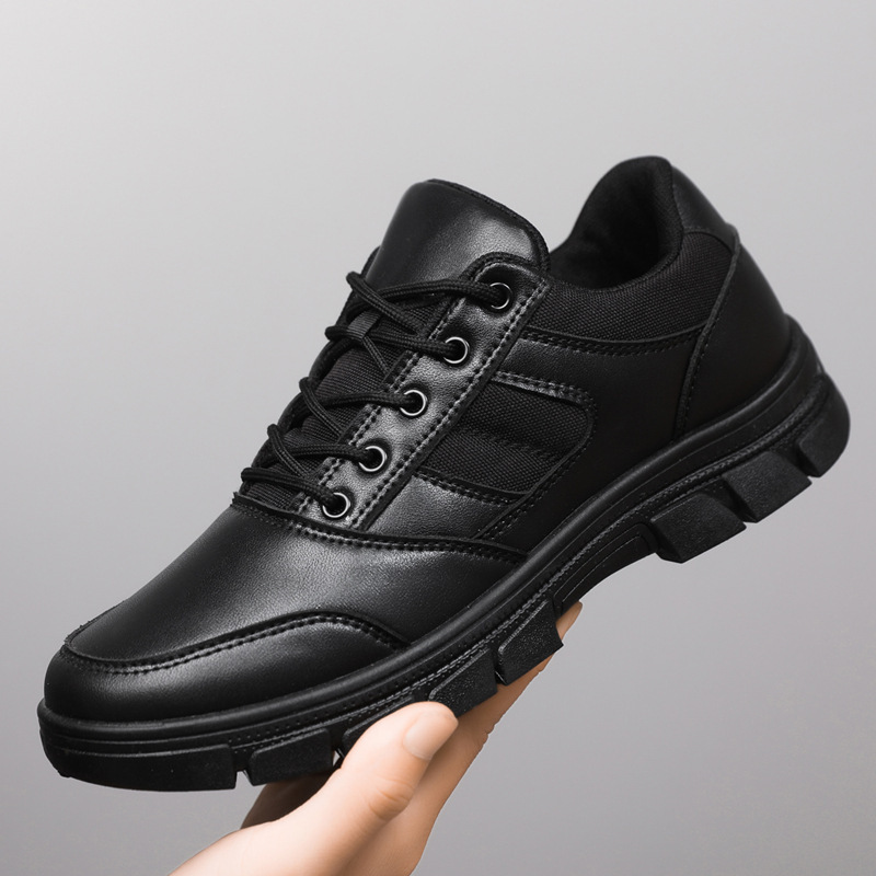 Spring and Autumn Black Training Men's Shoes, Outdoor Sports Training Leather Shoes, Low-Cut Workwear Duty Shoes, Soft-Soled Patrol Security Shoes