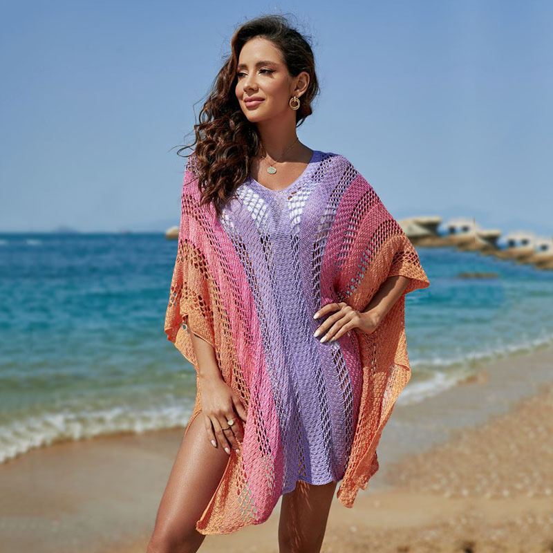 跨境外贸女装竖条纹针织沙滩罩衫性感镂空宽松海边防晒比基尼罩衫