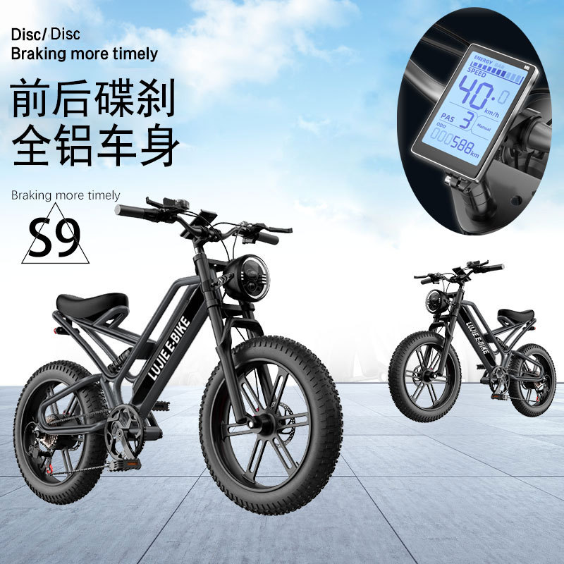 Export Aluminum Alloy Frame S9 Front and Rear Disc Brake Electric Vehicle 20 Tire Level 7 Variable Speed Mountain Off-Road Motorcycle Fat Tire