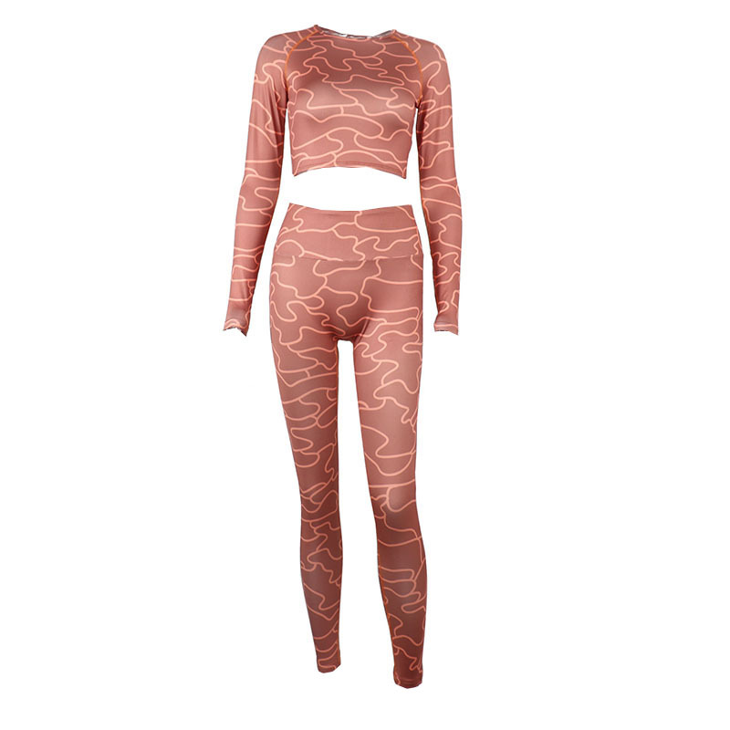 print tight long-sleeved round neck high waist top and trousers suit NSBDX133125