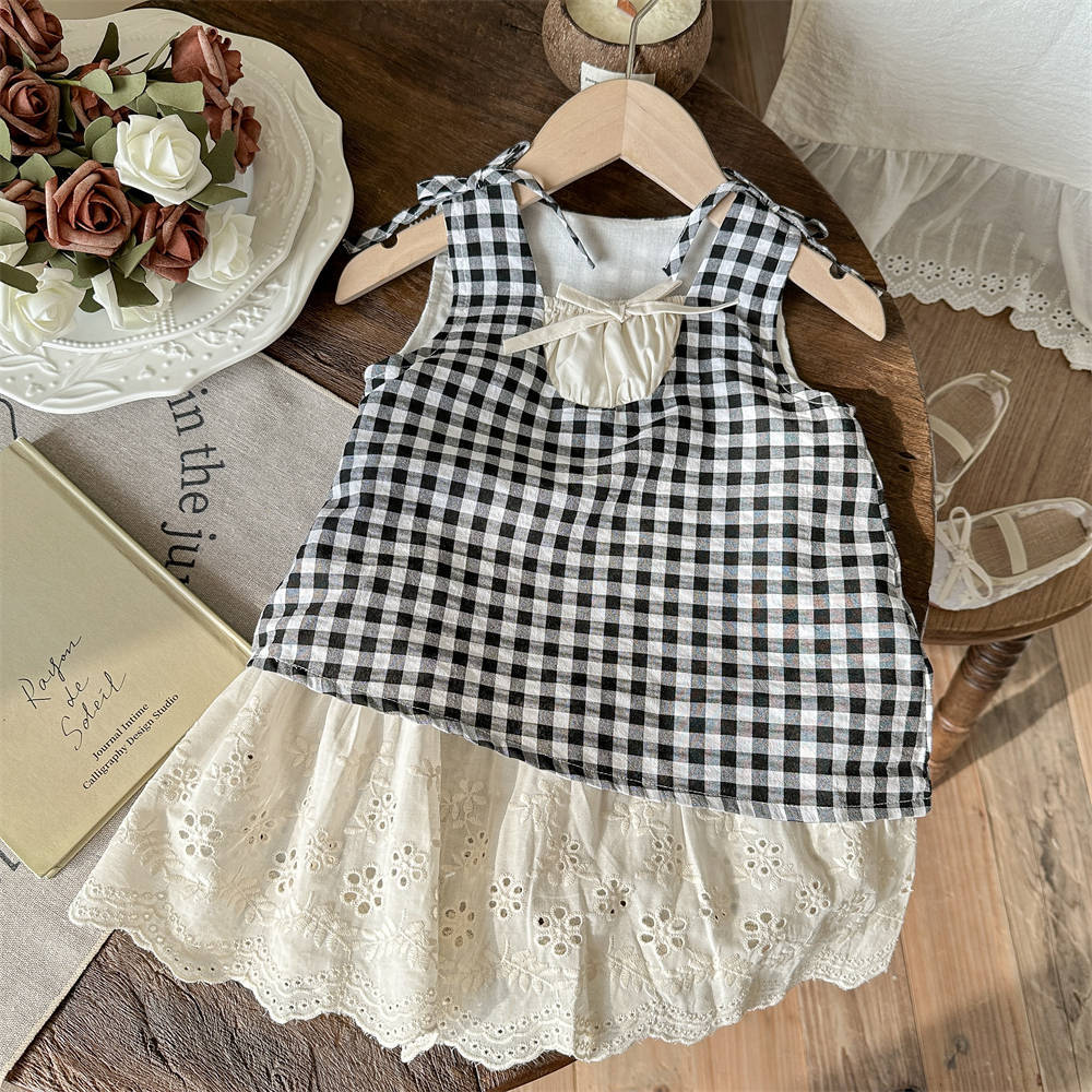 Vestido de verano pastoral de siete niñas con limón salado, nuevo bebé, vestido de verano rojo para niños, falda de algodón a cuadros de estilo occidental