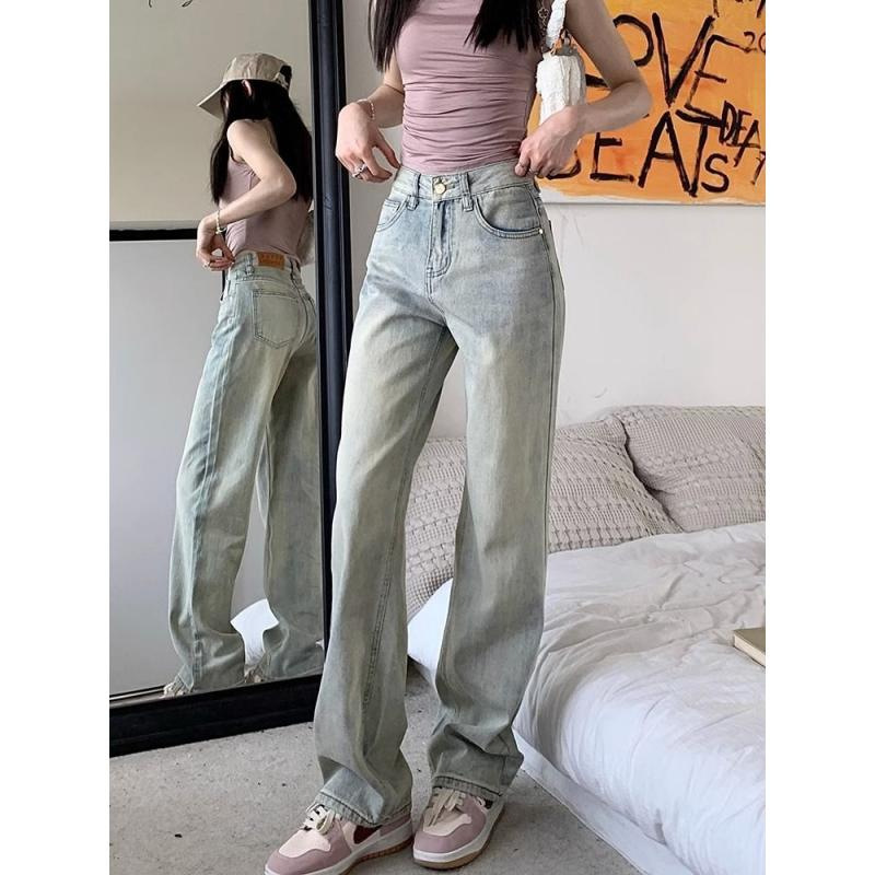Vintage Yellow Mud Jeans for Women, Autumn High-Waisted Wide-Leg Pants, Loose Slimming Narrow Straight-Leg Slim Fit Long Pants, Washed Vintage Yellow Mud Jeans for Women, Autumn High-Waisted Wide-Leg Pants, Loose Slimming Narrow Straight-Leg Slim Fit Long Pants, Washed