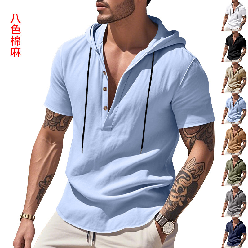 European and American Cross-border Amazon T-shirt 2025 New Men's Casual Linen Breathable Hooded Henry Shirt Short-sleeved Shirt for Men