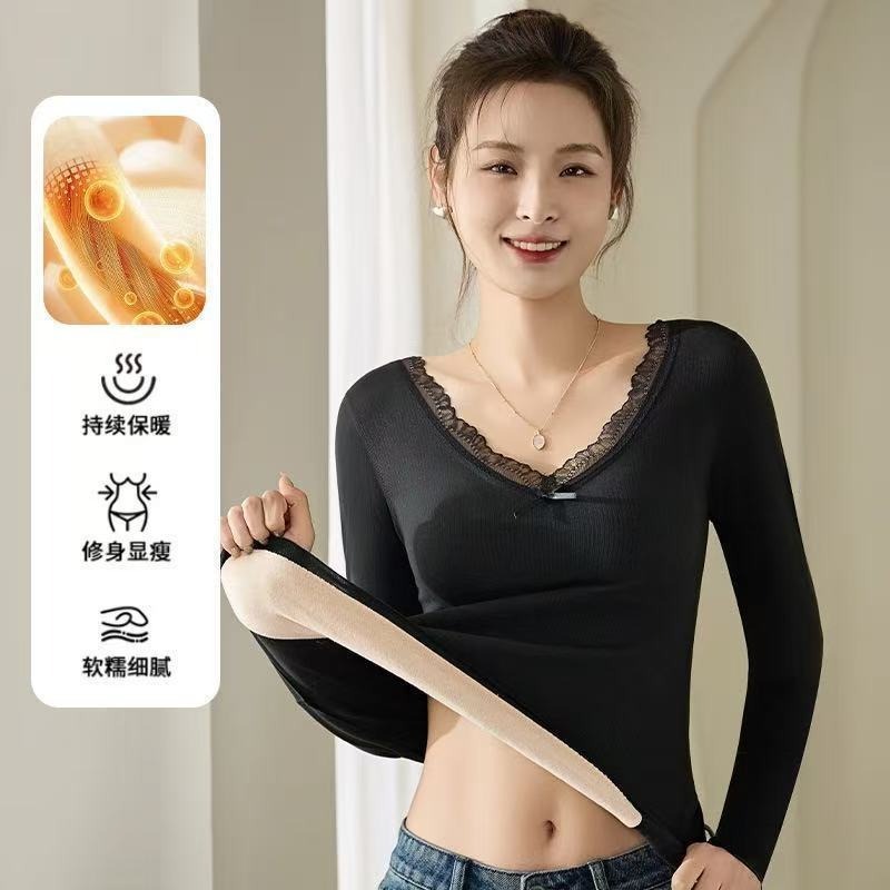无痕暖肚修身保暖长袖修身护肚蕾丝打底冬季加绒加厚胸垫一体内搭|undefined