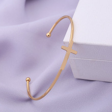 跨境热销个性朋克风十字架手镯 C形开口不锈钢手镯批发玫瑰金