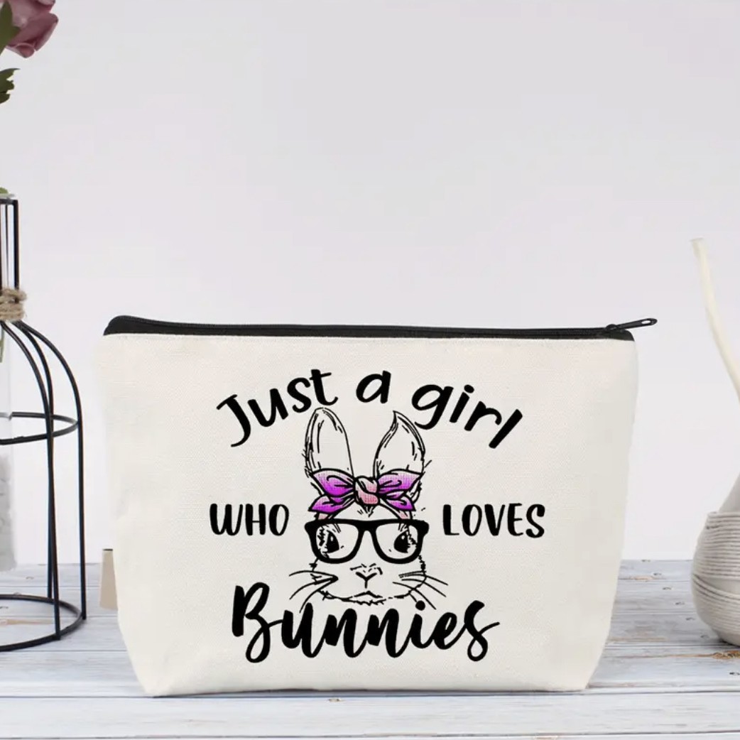 Transfronterizo Amazon temu bolsa de cosméticos de conejo impresión de doble cara en inglés de dibujos animados bolsa de lavado de viaje algodón y lino de gran capacidad