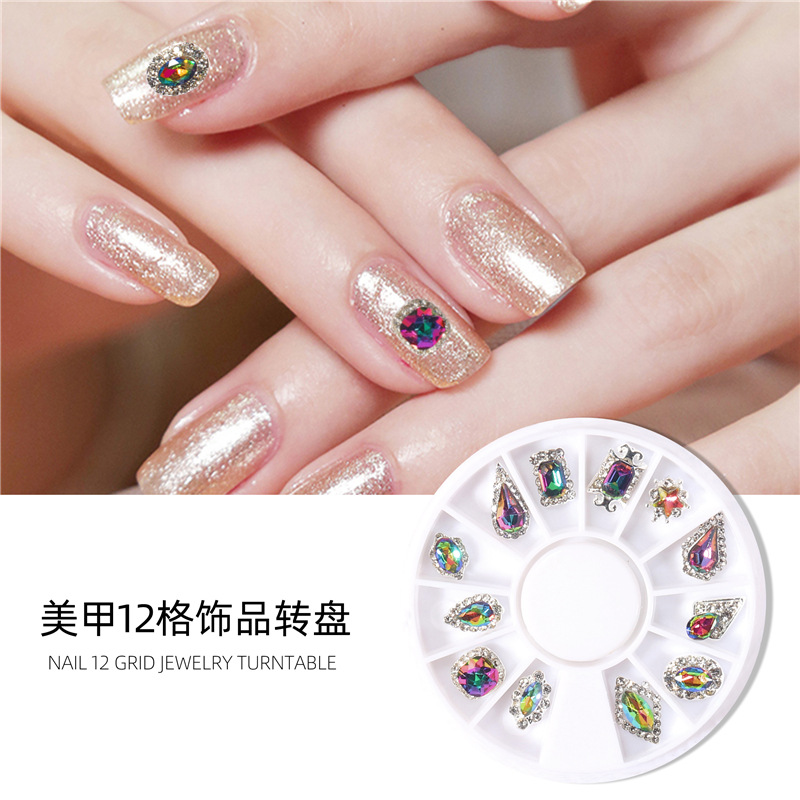 Joyería de mesa giratoria de uñas llama Diamante colorido en forma especial AB diamante inferior colorido vidrio diamante uñas joyería