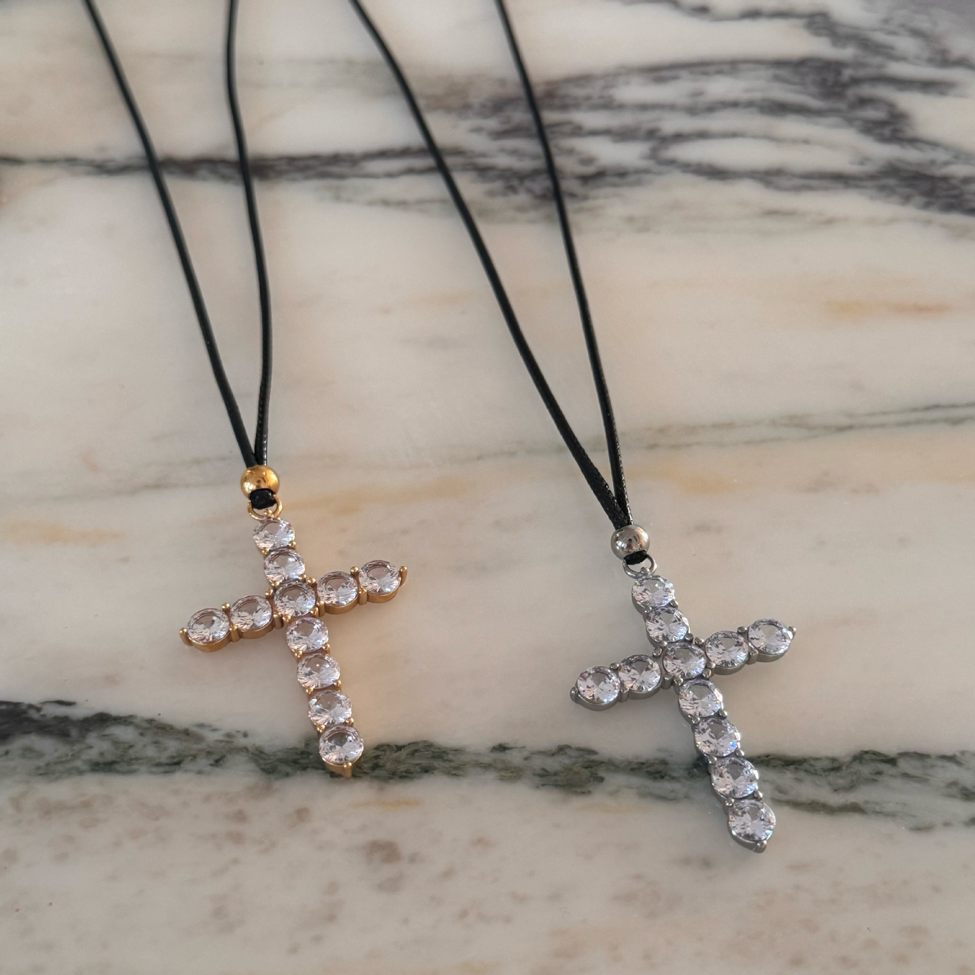 Daily, Street Occasion Leather Rope Titanium Steel Retro Cross Plating Inlay Zircon Pendant Necklace
