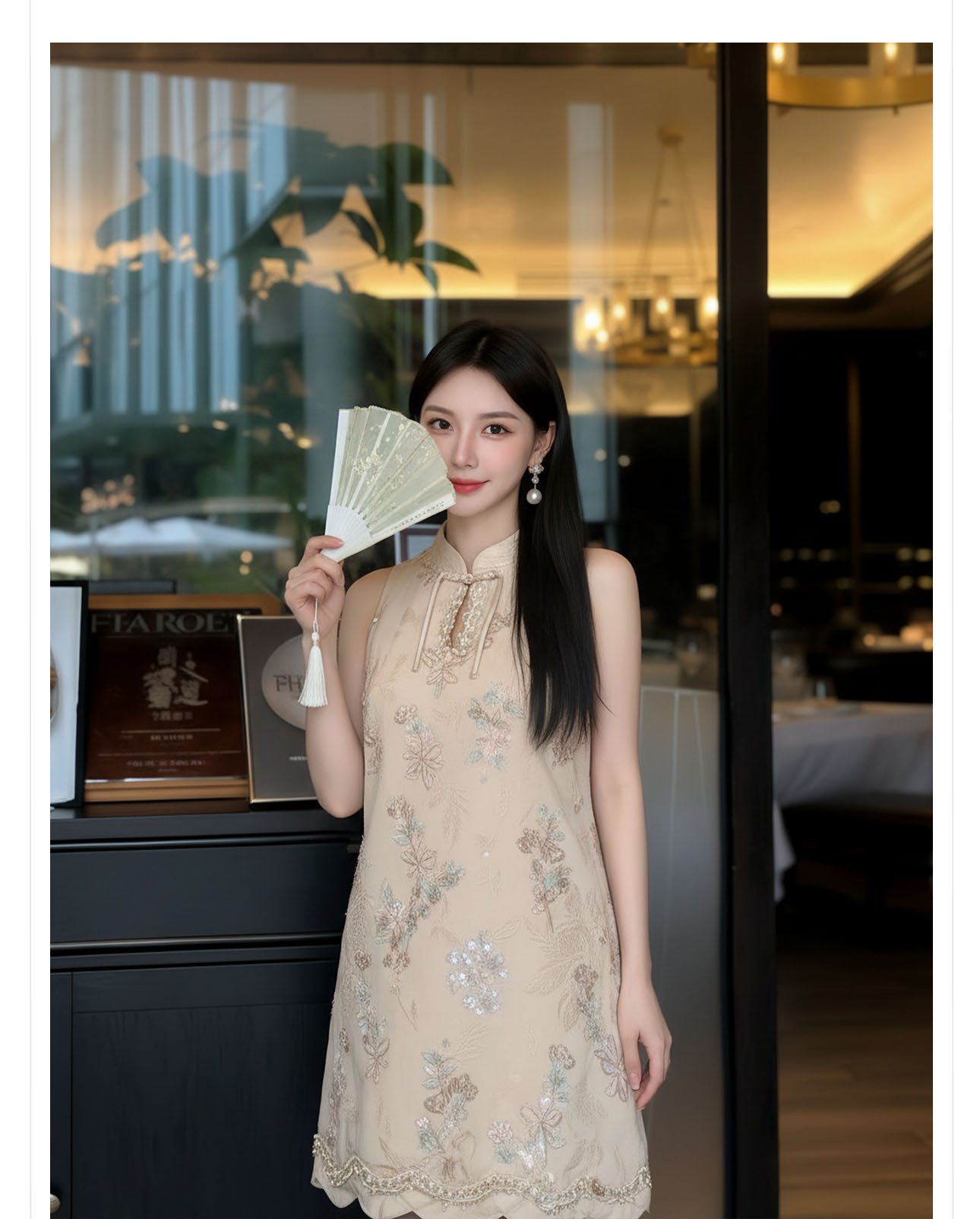 Đầm suông midi tay không họa tiết hoa nhí phong cách Tân Trung Hoa thêu hạt cườm — màu mơ chi tiết 8
