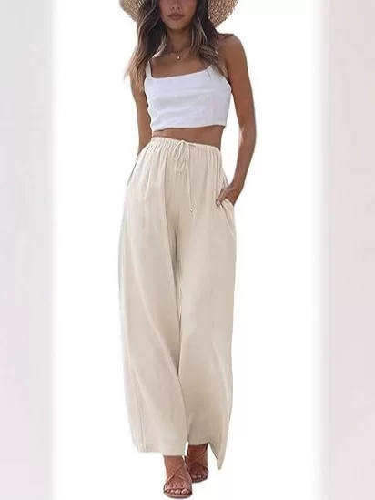 2025 Amazon European and American Plus-Size Women's Cotton-Linen Loose Casual Pocket Drawstring Wide-Leg Pants That Make Legs Look Longer Straight-Leg Pants
