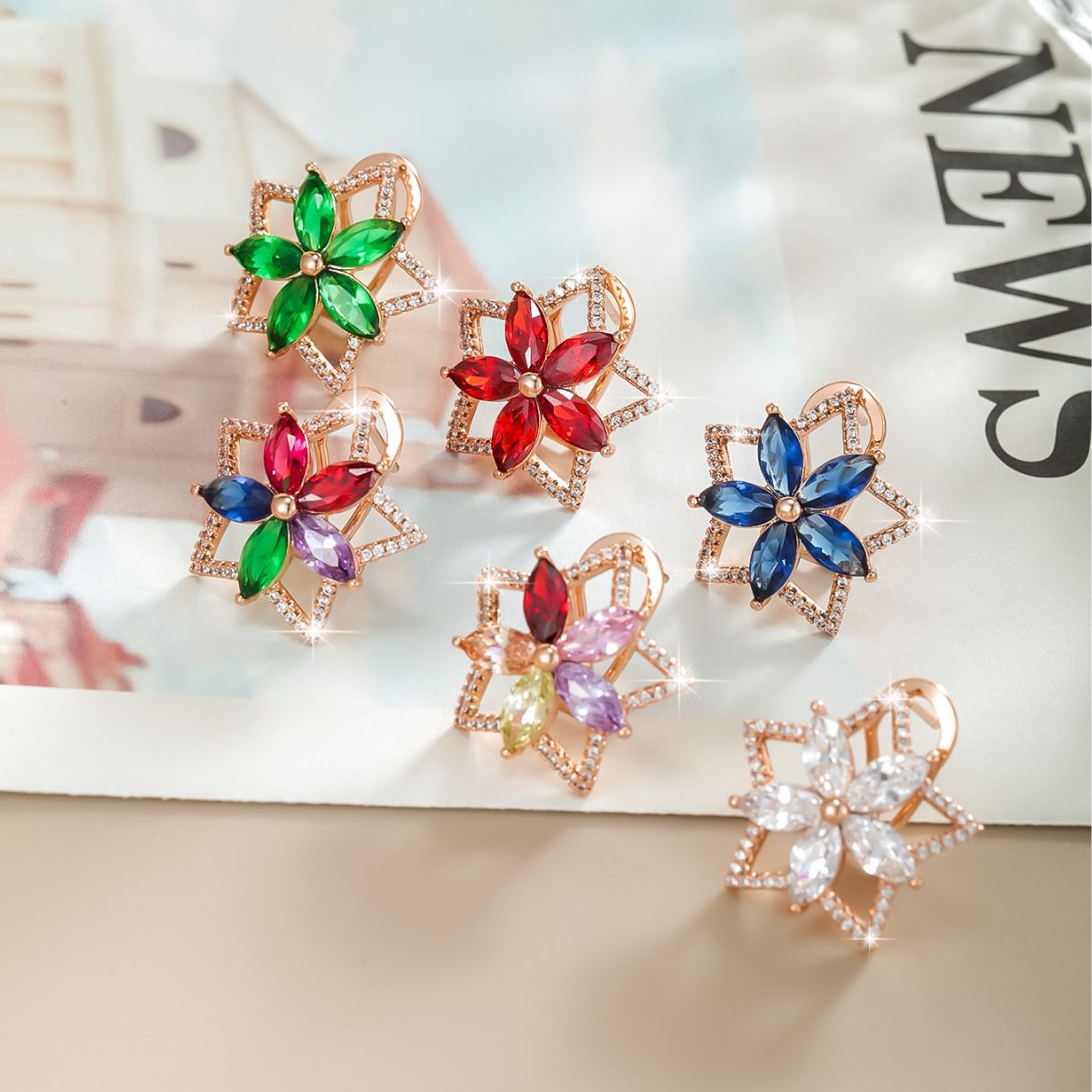 Xupar joyería imitación color tesoro serie estrella de cinco puntas flor Stud pendientes hembra color luz lujo temperamento pendientes de alta calidad