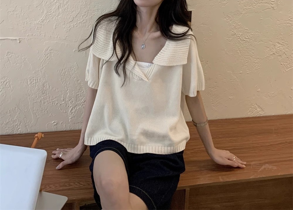 Design di nicchia unico e unico, sottile maglia in seta ghiacciata, top estivo da donna a maniche corte con scollo a V e piccola fragranza,_voghion.com