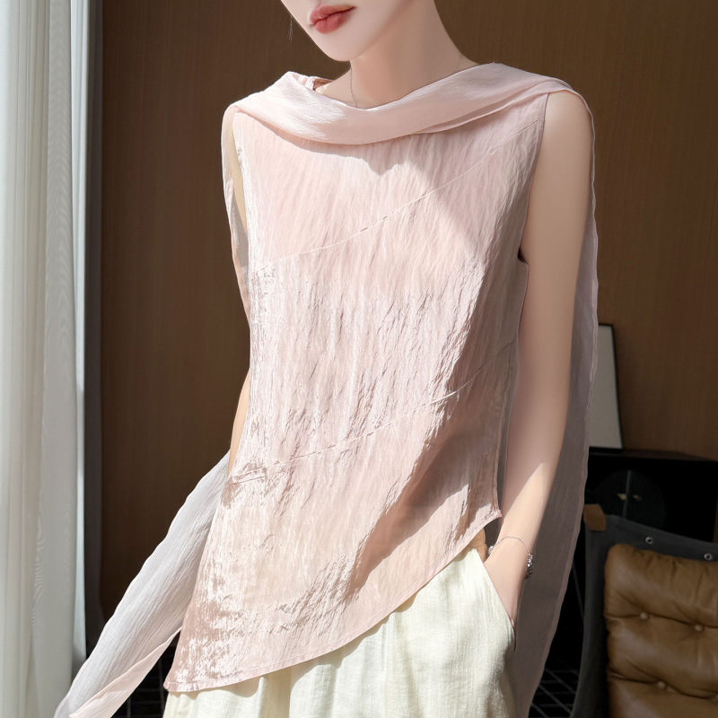 Korean-Style Halter Neck Sleeveless Vest for Women, New Summer Style, Textured Satin, Irregular Design, Slimming Top