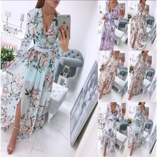 2025独立站wish亚马逊新款 夏季长袖V领雪纺印花波西米亚连衣裙女