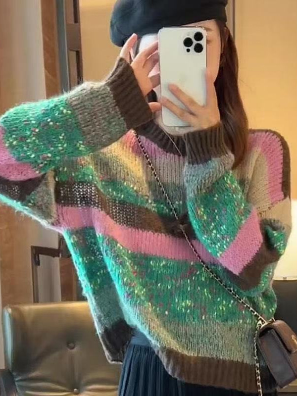彩虹色条纹减龄毛衣女套头2025秋冬季新款撞色软糯慵懒宽松针织衫|undefined