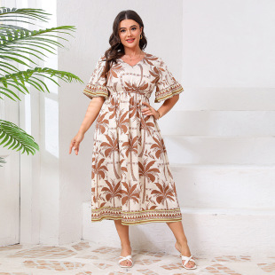 AliExpress independent station plus size v-neck dress bell sleeve fashion printed elastic waist dress