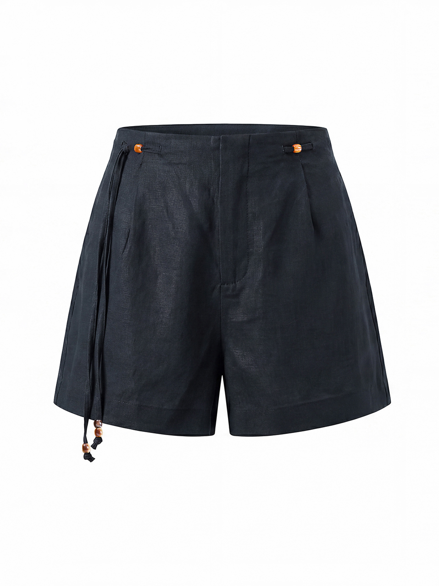 Quần short nữ cạp cao dây buộc phong cách quốc phong rộng thùng thình đính cườm — Xanh lông mòng đen