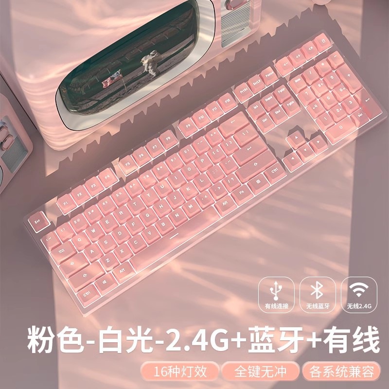 ゲームのノートの女子学生の赤い軸の青い軸は事務のデスクトップのコンピュータの機械のキーボードのピンクのかわいい有線の電気を競います。
