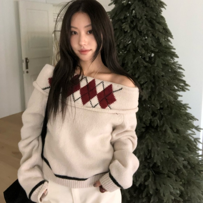 现货！chic韩国早春一字肩小众设计慵懒气质甜美菱格针织衫毛衣|undefined
