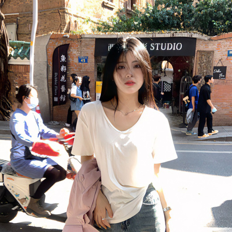 V-Neck Short-Sleeved Right-Shoulder White Summer High-End Inner Layering Shirt Slightly See-Through Loose Slimming Look T-Shirt Top