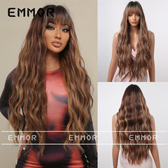 European and American false hair for women, long hair with gradient brown, straight bangs, water wave curls, fluffy and natural-looking wig