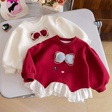 女童春装萌娃卫衣2026新款洋气甜美立体蝴蝶结拼接花边外穿上衣潮