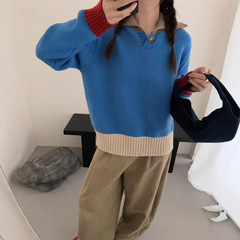 韩系风复古撞色设计感套头毛衣女秋冬新款时尚减龄Polo领针织衫