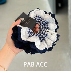 韩国高档蓝白撞色格纹刺绣爱心花边肥肠圈侧低马尾绑发绳耐用发饰