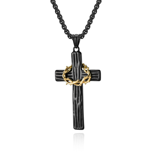 Retro Titanium Steel Flower Ring Cross Necklace Dual Color Wood Texture Stainless Steel Prayer Pendant Art Deco Minimalist Accessory