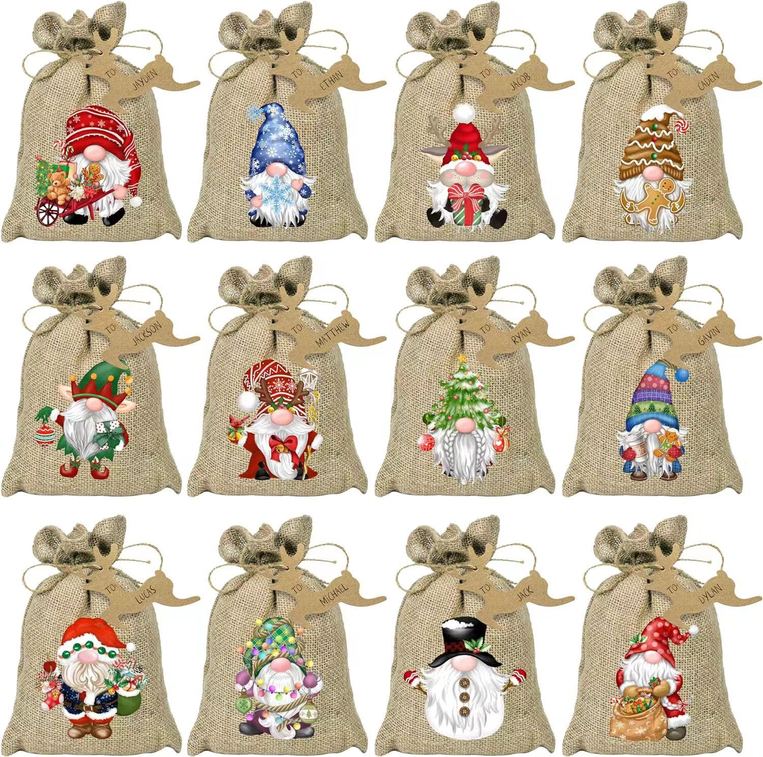 (크리스마스 세트 스타일 8);13*18(24 피스 세트);24 가방, 24 태그, 10m 대마 로프