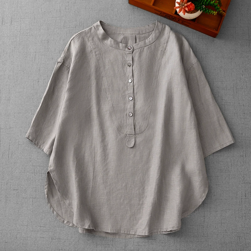 2025 лето новый ретро сплошной цвет литературный свободный досуг тонкий пятитентный рукав рубашка топ женский
