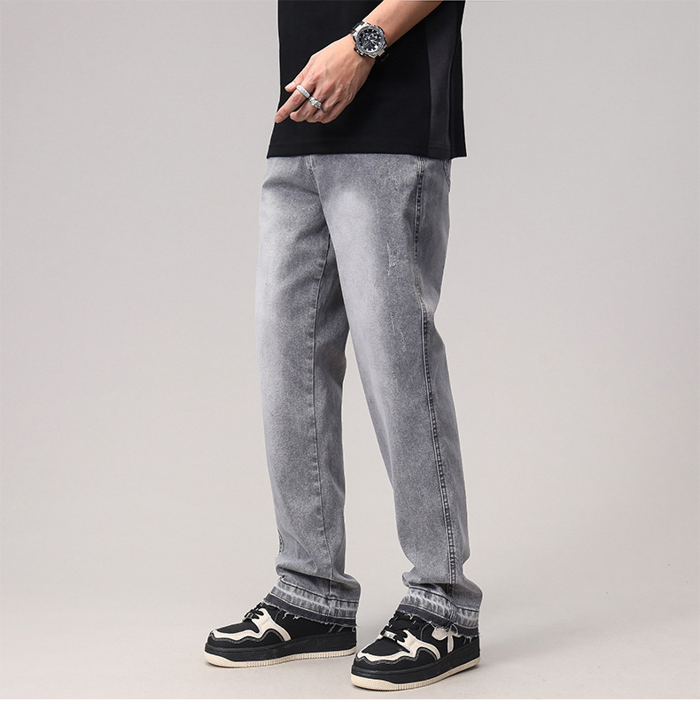 2023 Spring/Summer new solid-color jeans for men, washed light gray distressed pants with frayed edges, American straight-leg pants pic 11