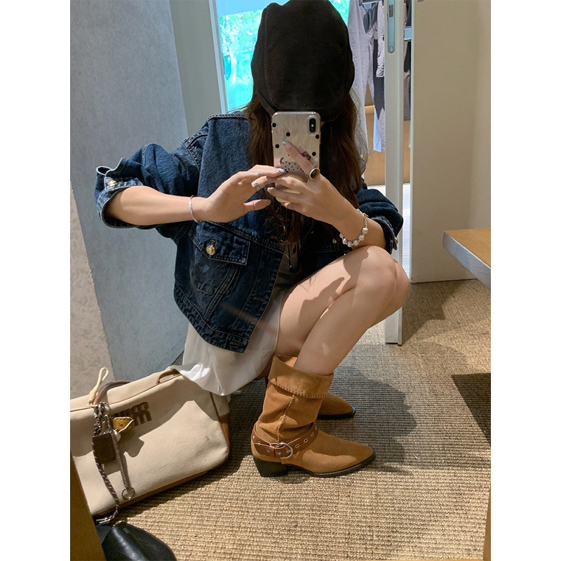牛皮~葡萄妈同款敦煌堆堆靴5cm粗跟扣带西部牛仔骑士短靴女沙漠靴|undefined