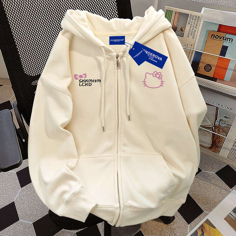 American Cute Hello Kitty Letter Print Cardigan Jacket Women's Casual Campus Style 2025 Autumn and Winter Hooded Sweatshirt