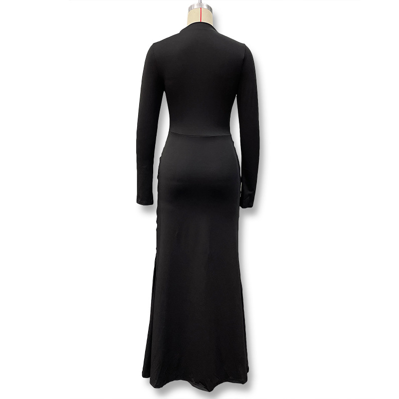 Women's Solid Color round Neck Dress Long Sleeve Fashionable Temperament European American Style Autumn New Clothing with Decorative Ring Buckle_ecoleips.com
