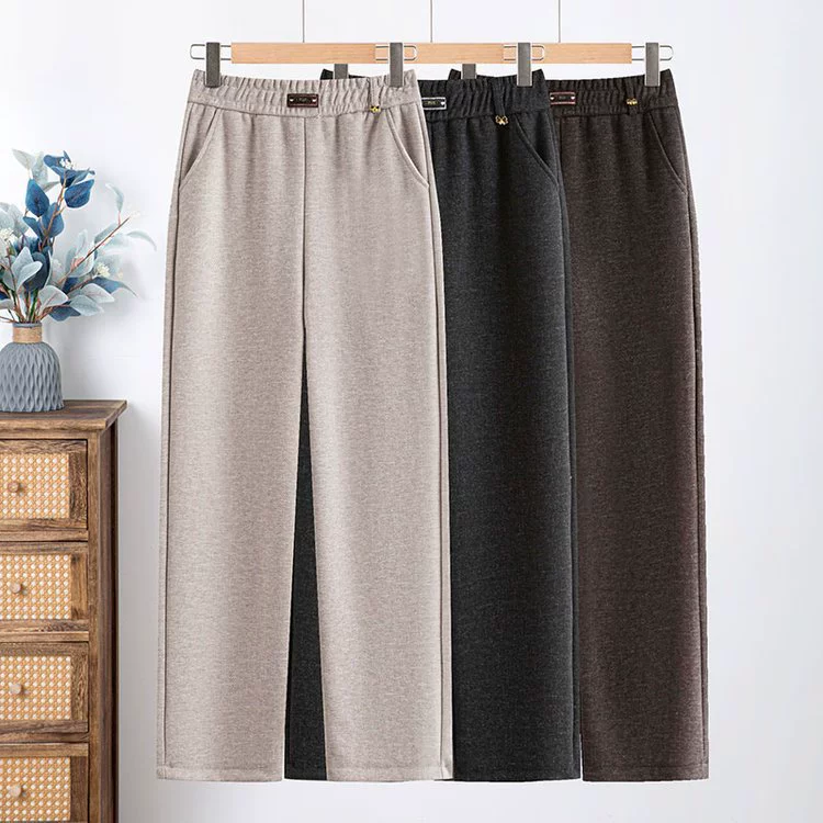 Средние и пожилые мамы весной и осенью новые шерстяные прямые брюки женские 2025 весна эластическая высокая талия свободные повседневные длинные брюки
