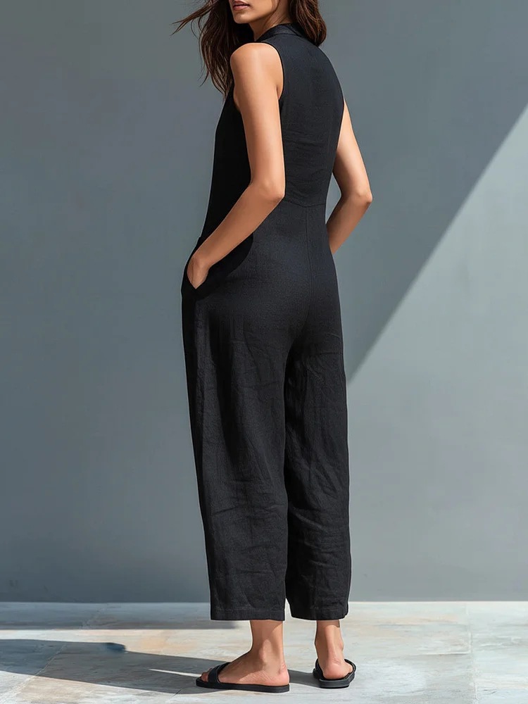 Women's Casual Sleeveless Stand Collar Jumpsuit With Pockets_voghion.com