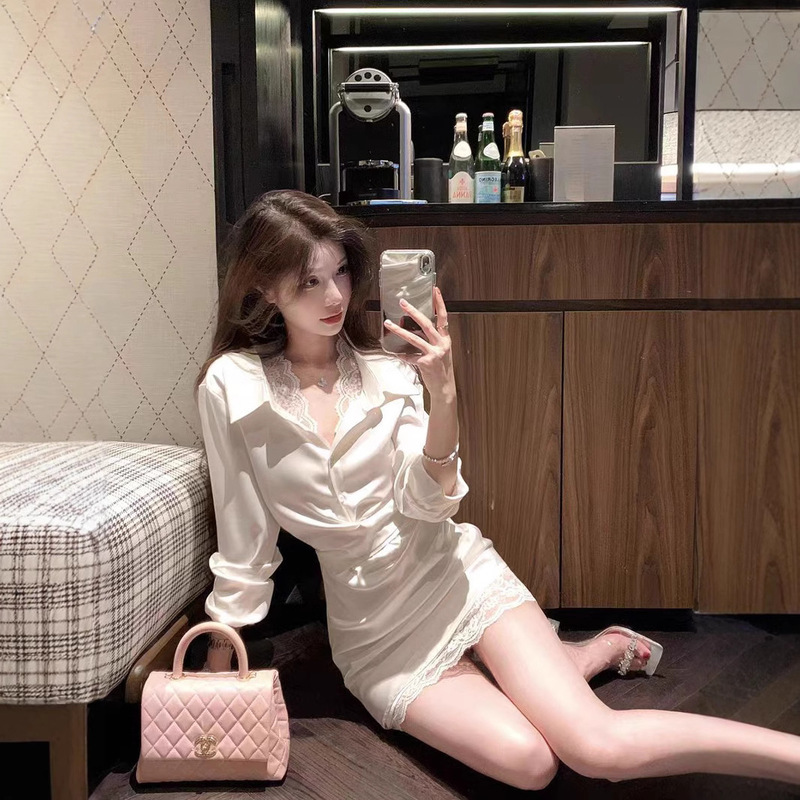 JustQin Soft Mist 2025 New Spring Elegant Sexy Lace Shirt Skirt Satin dress Women JustQin Soft Mist 2025 New Spring Elegant Sexy Lace Shirt Skirt Satin dress Women