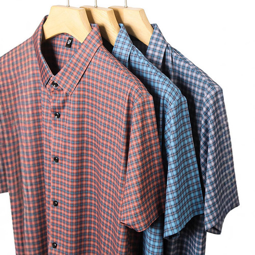 Men's Summer Short-Sleeve Checkered Digital Print Elastic Shirt Fashion Iron-Free Half-Shirt