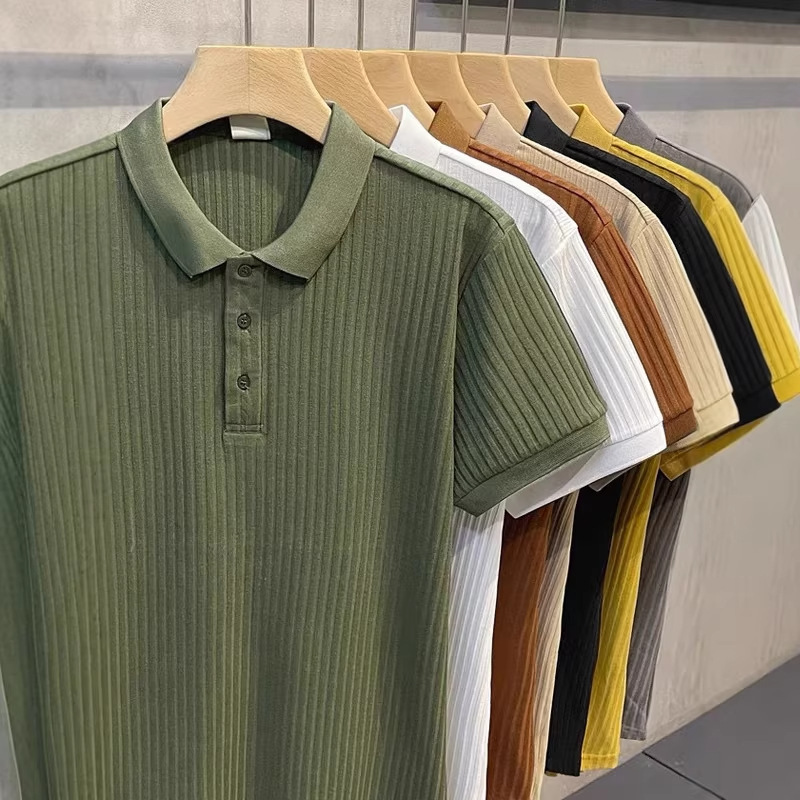 Short-Sleeved Men's Summer Striped Jacquard Knitted Breathable Ice Silk Top, Versatile Color Comfortable Base Layer Polo Shirt for Men Short-Sleeved Men's Summer Striped Jacquard Knitted Breathable Ice Silk Top, Versatile Color Comfortable Base Layer Polo Shirt for Men