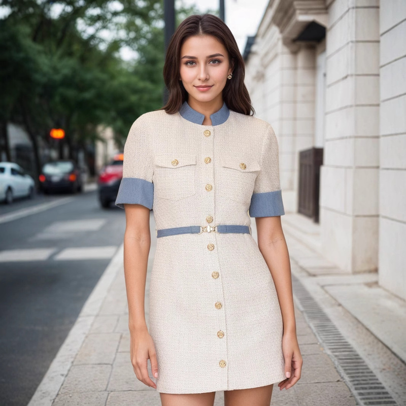 European and American Elegant Off-White Color-Blocked Neckline Cuffs Gold Button Dots and Belt Decoration Women's Dress