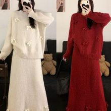 大码秋冬新款立体蝴蝶结针织圆领宽松毛衣高腰半身裙气质两件套装